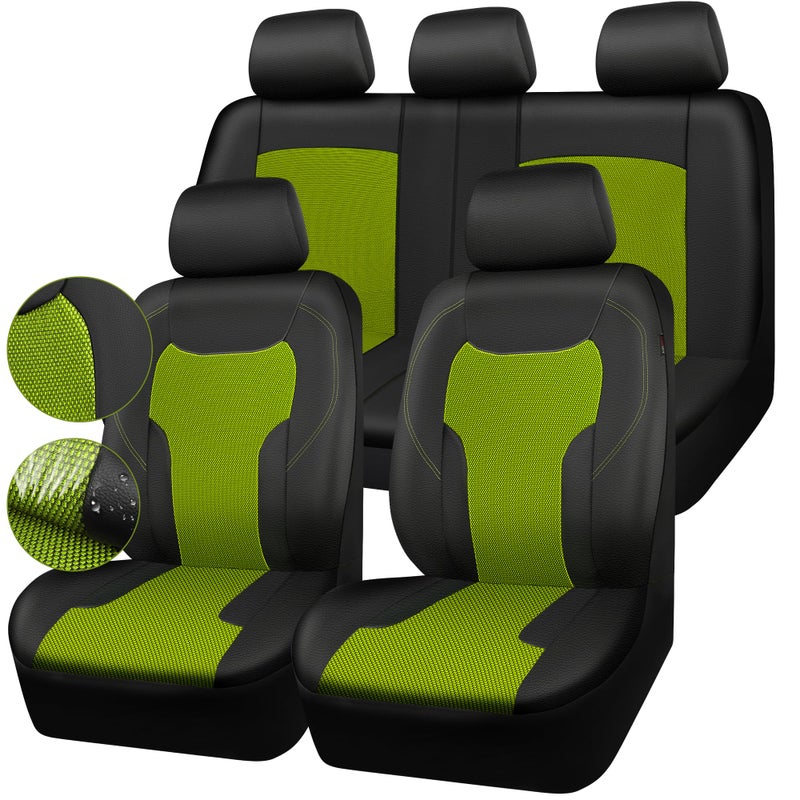CAR-GRAND Leather Car Seat Covers Full Set, Airbag Compatible Breathable Air Mesh Car Seat Covers, Universal Fit Seat Covers Protector for Cars Trucks SUV Pick-up Sedan Interior (Black Green) - Image 1